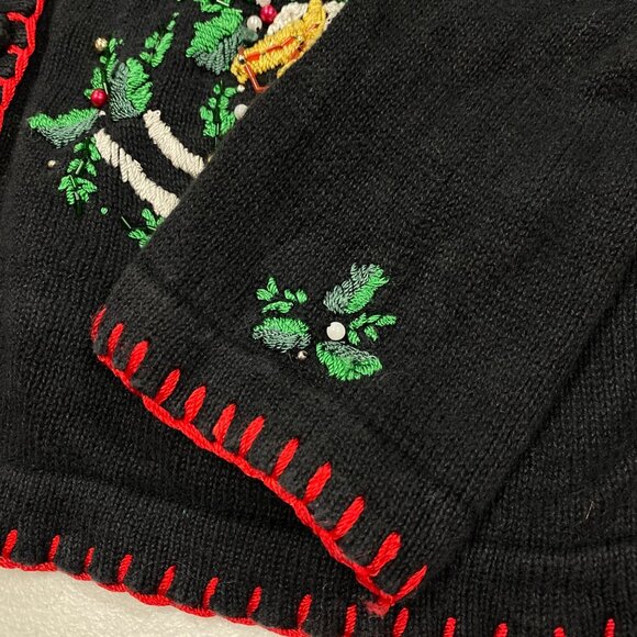 Womens Vtg Christmas Cardigan Sweater BP Design Medium Black Embroidered Beaded - Picture 15 of 16
